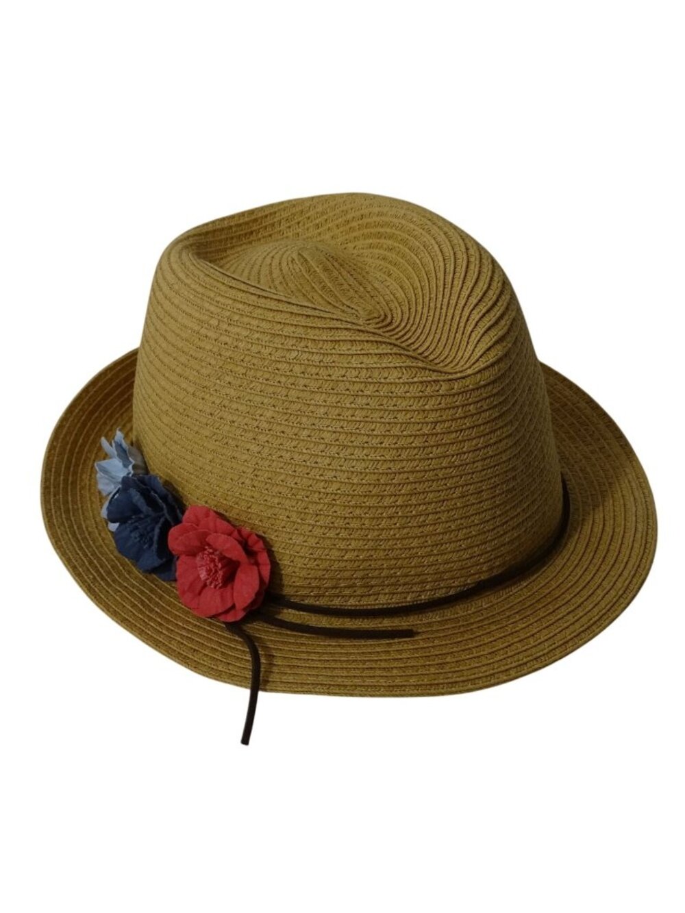 Cato Straw Fedora Woven Hat Tan Women One Size Flower Accents Vacation Beach